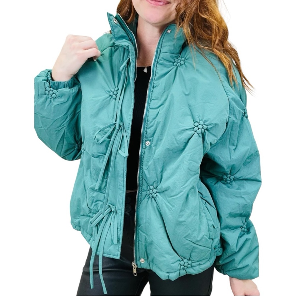 Baevely Teal Green Puffer Bow Detail Jacket size 2X Relaxed Fit NWT Long Sleeves